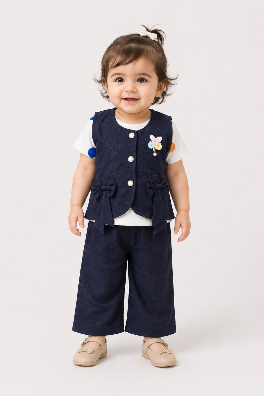 Baby Girl 3-Piece Co-ord Set – Bow Waistcoat, Polka Dot Tee & Palazzo Pants