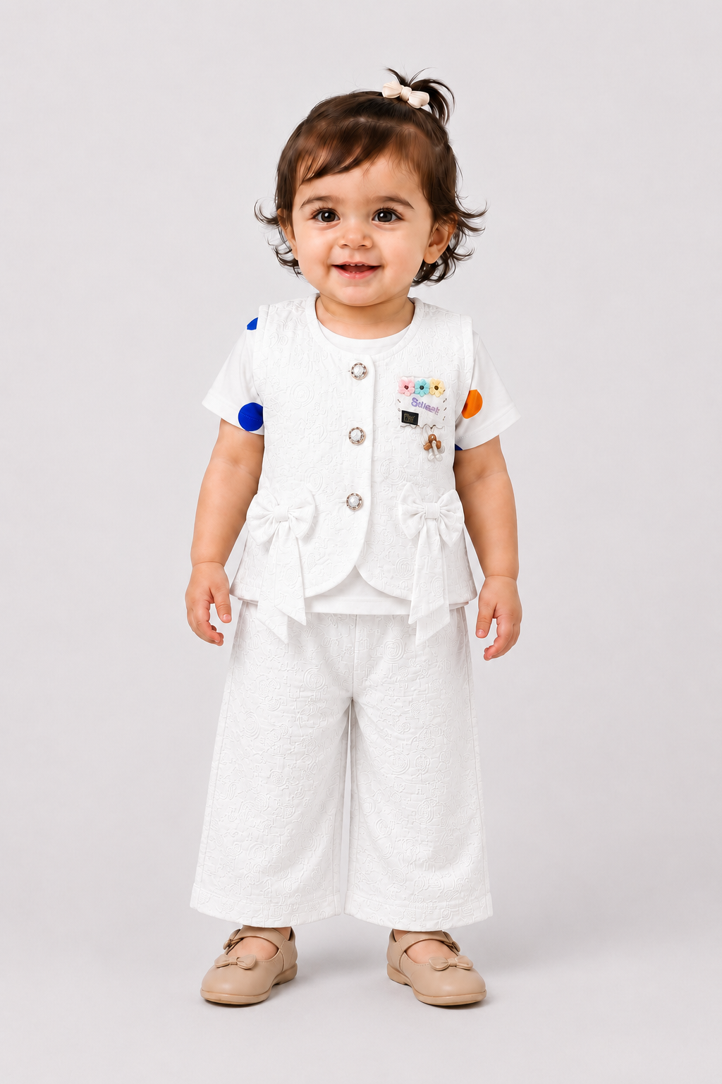 Baby Girl 3-Piece Co-ord Set – Bow Waistcoat, Polka Dot Tee & Palazzo Pants