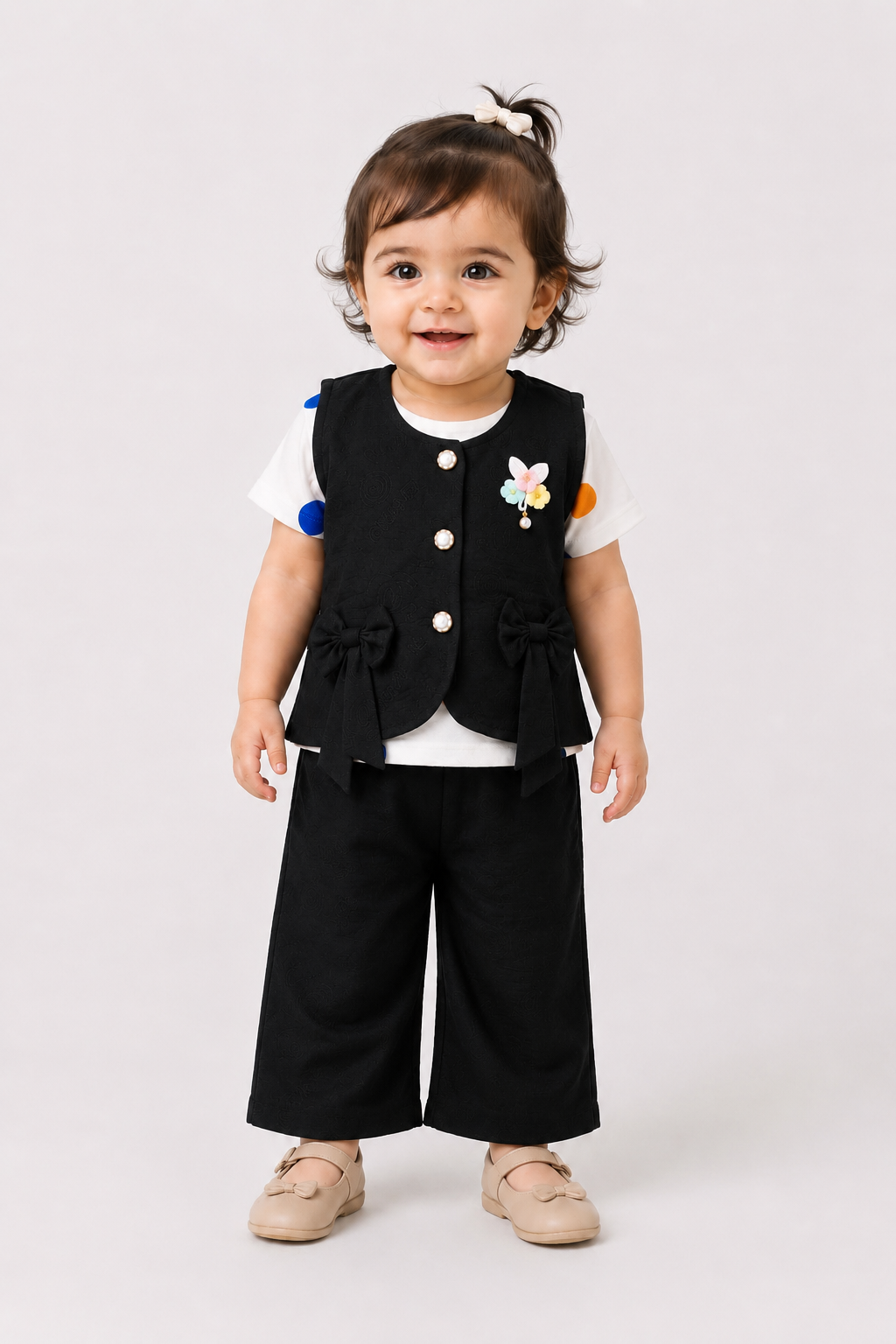 Baby Girl 3-Piece Co-ord Set – Bow Waistcoat, Polka Dot Tee & Palazzo Pants
